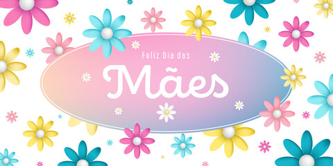 Spanish text : Feliz dia das maes, on an colorful oval frame with colorful blossoms on white background