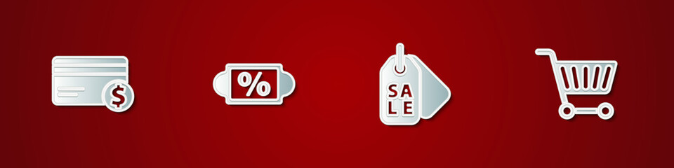 Set Credit card and dollar, Discount percent tag, Price with Sale and Shopping cart icon. Vector