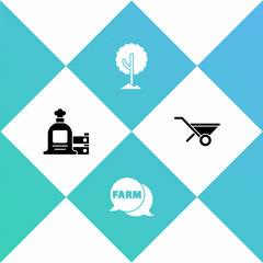 Set Full sack and wooden box, Speech bubble with Farm, Tree and Wheelbarrow icon. Vector