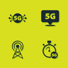 Set 5G network, Digital speed meter, Antenna and Location icon. Vector