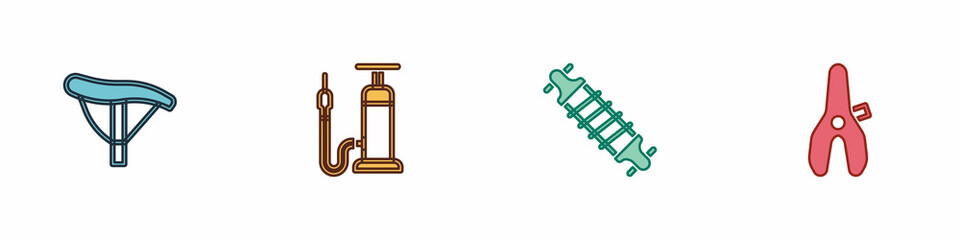 Set Bicycle seat, air pump, suspension and icon. Vector