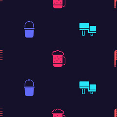 Set Sauna wood bench, bucket, Wooden beer mug and Hairbrush on seamless pattern. Vector