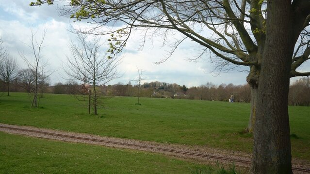 Panoramic Shot Of Early Spring Natural Parck in Swonly, East Kent of London. Hapy Family Walking At The Park. Narure, Traveling Concept.