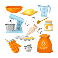 Symbols of kitchen tools, baking ingredient and food product.