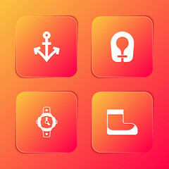 Set Anchor, Life jacket, Diving watch and Boots icon. Vector