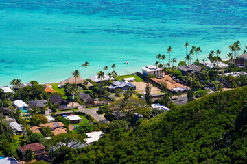 Ocean front neighborhood of Lanikai Beach in Kailua, as seen from the Lanikai Pillbox hike, on the...