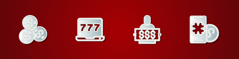 Set Casino chip with dollar, Laptop and slot machine, Winner holding prize ticket and Online poker table game icon. Vector