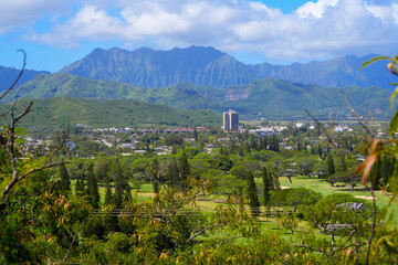 Downtown Kailua in the east of Oahu, as seen from the Lanikai Pillbox hike in Hawaii, United States