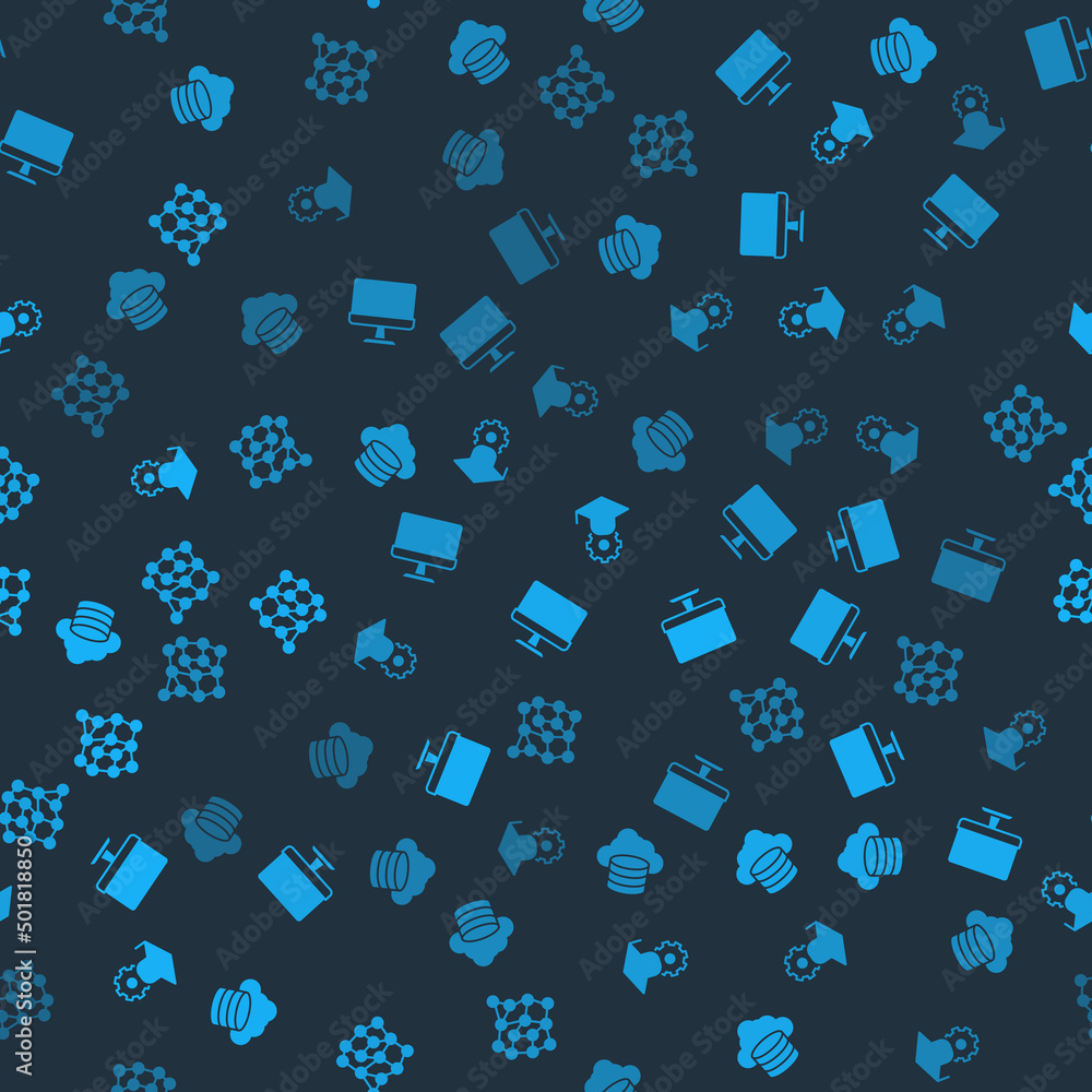 Poster set cloud database, computer monitor, graduation cap and neural network on seamless pattern. vector