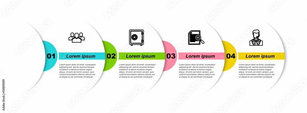 Poster set line users group, safe, document with search and man headset. business infographic template. vec