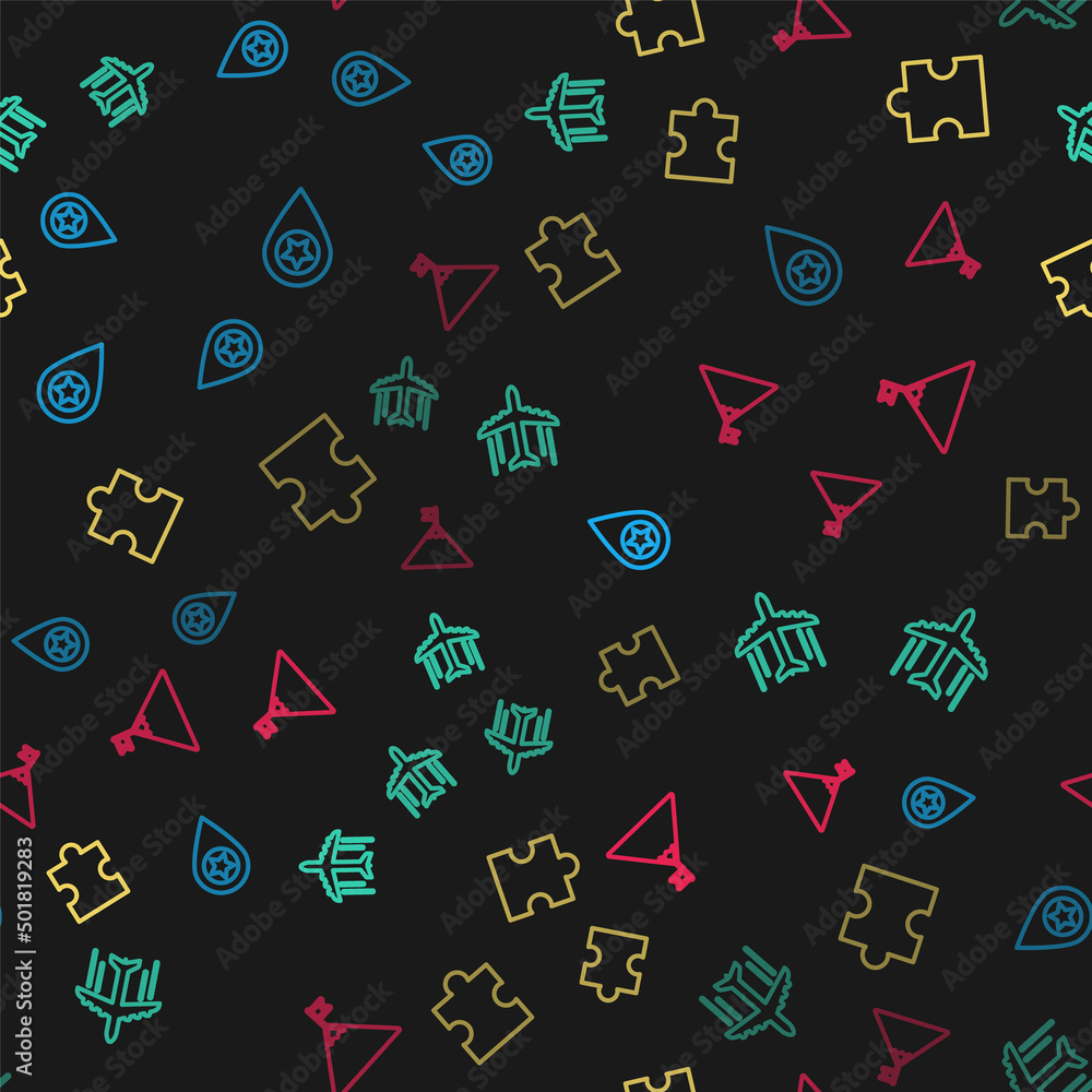 Poster set line location with star, plane, piece of puzzle and mountains and flag on seamless pattern. vect