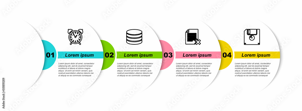 Poster set line alarm clock, database, delete file document and floppy disk. business infographic template.