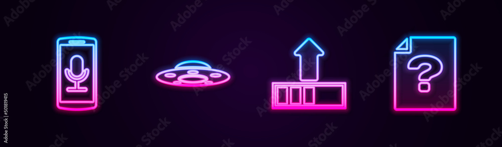 Poster set line mobile recording, ufo flying spaceship, loading and unknown document. glowing neon icon. ve