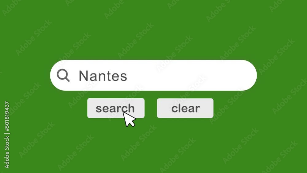 Poster nantes typing on search bar with click animation on green background.searching the word on internet 