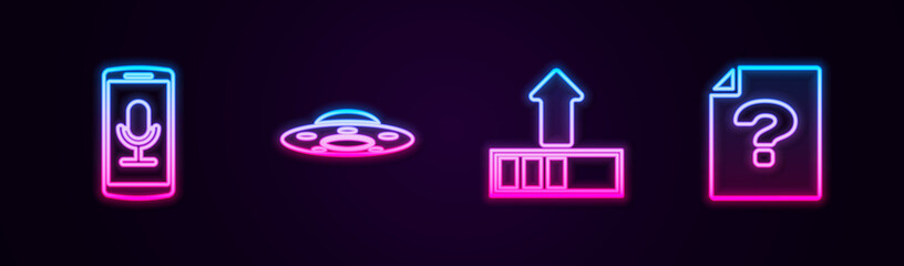 Set line Mobile recording, UFO flying spaceship, Loading and Unknown document. Glowing neon icon. Vector