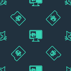 Set line Clinical record pet on monitor, and Veterinary clinic on seamless pattern. Vector
