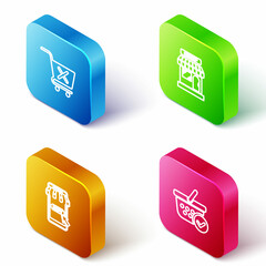 Set Isometric line Remove shopping cart, Market store, Mobile and and Shopping basket with check mark icon. Vector