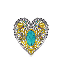 Jewelry design art heart under the sea blue sapphire and turquoise. Hand drawing and painting on paper.