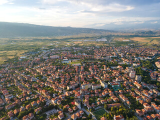 Aerial Sunset view of town of Petrich, Bulgaria