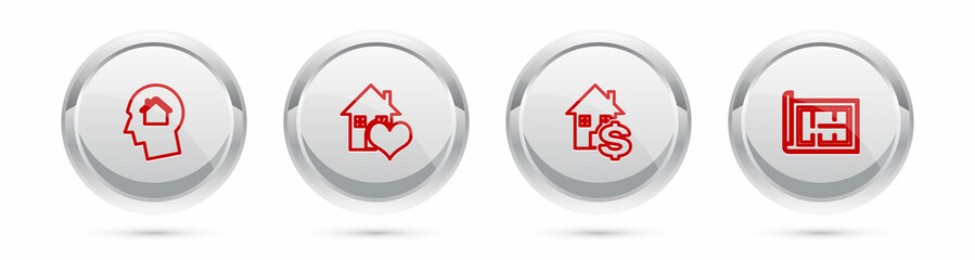 Set line Man dreaming about buying house, House with heart shape, dollar and plan. Silver circle button. Vector
