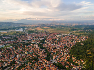 Aerial Sunset view of town of Petrich, Bulgaria