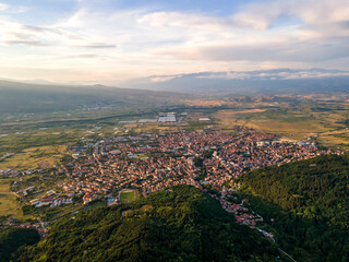 Aerial Sunset view of town of Petrich, Bulgaria