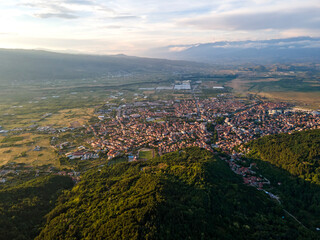 Aerial Sunset view of town of Petrich, Bulgaria