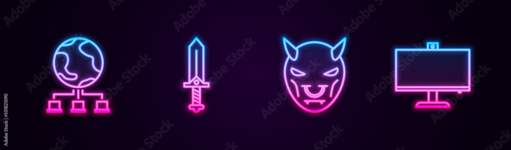Poster set line computer network, sword for game, mask of the devil with horns and monitor. glowing neon ic