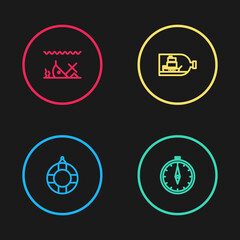 Set line Lifebuoy, Compass, Bottle with ship inside and Sunken icon. Vector