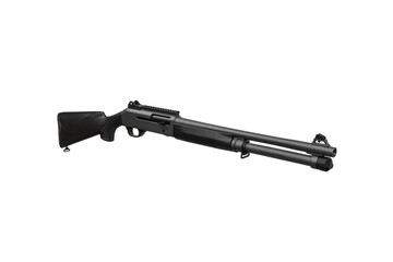 Modern semi-automatic shotgun. Weapons for sports and hunting. Black weapon isolate on white back.