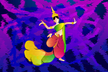 Apsara dancing over abstract background, Apsara flat drawing with colorful, Flat Apsara Drawing, Cambodia, Illustration