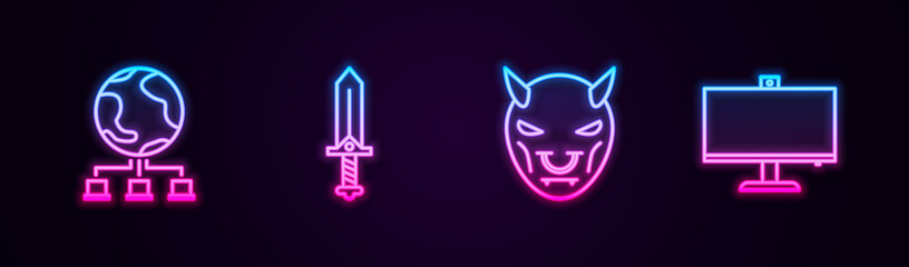 Set line Computer network, Sword for game, Mask of the devil with horns and monitor. Glowing neon icon. Vector