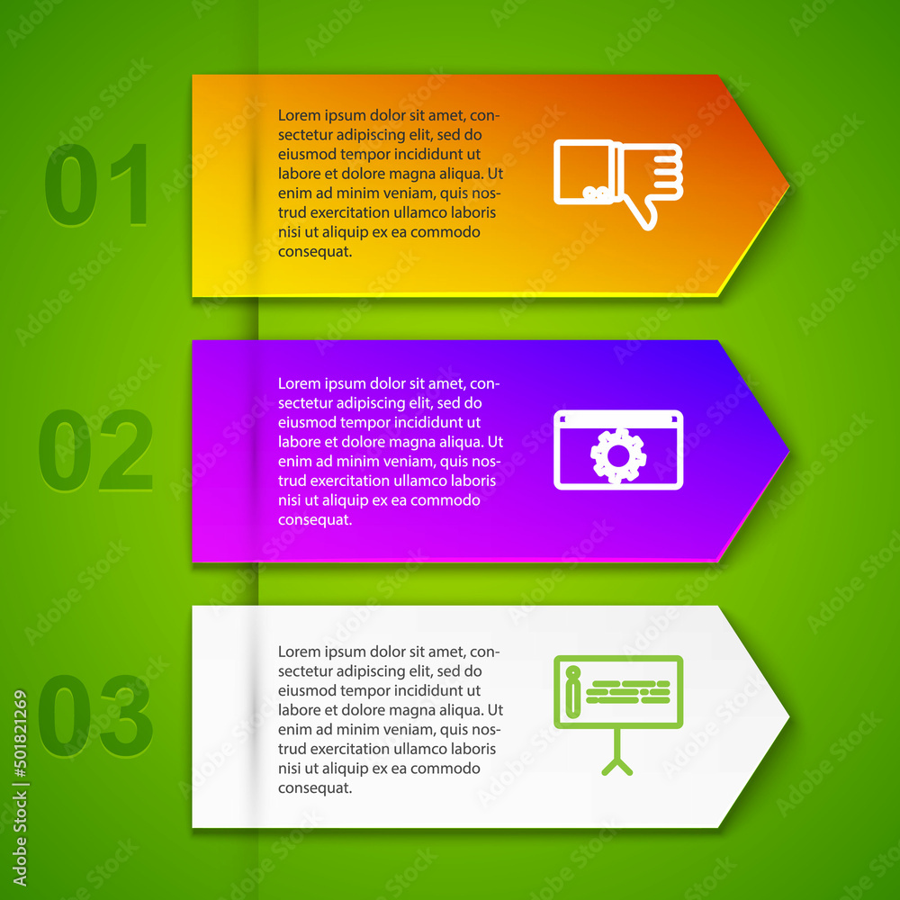 Poster set line dislike, setting, information and computer monitor service. business infographic template. 