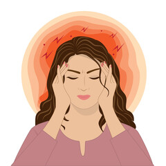 Vector illustration of a woman suffering with severe migraine headache and stress. 