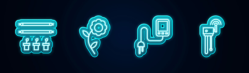 Set line Smart farm with bulb and plant, Flower, Sensor and Router wi-fi signal. Glowing neon icon. Vector