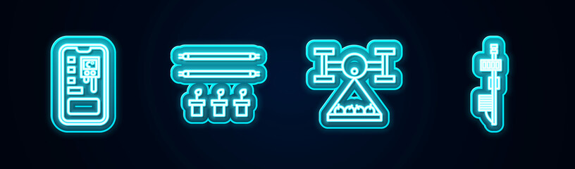 Set line Smart control farming system, with bulb and plant, drone and Standalone sensor. Glowing neon icon. Vector