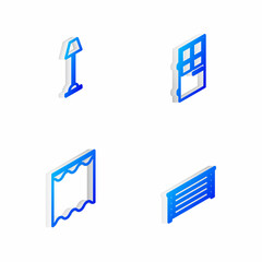 Set Isometric line Closed door, Floor lamp, Curtains and Chest of drawers icon. Vector