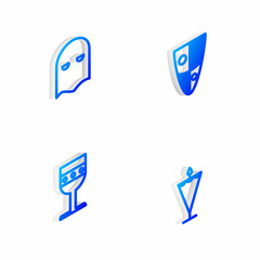 Set Isometric line Shield, Executioner mask, Medieval goblet and flag icon. Vector