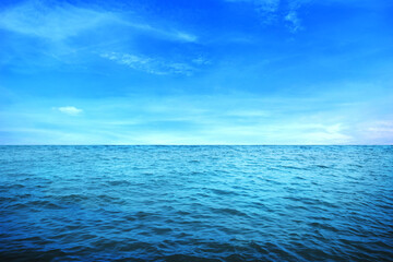 BLUE UNDER WATER waves and bubbles. Beautiful white clouds on blue sky over calm sea with sunlight reflection, Tranquil sea harmony of calm water surface. Sunny sky and calm blue ocean.