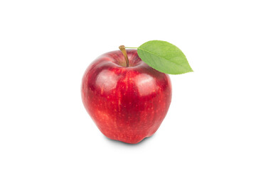 Ripe red apple fruit and green apple leaf isolated on white background.