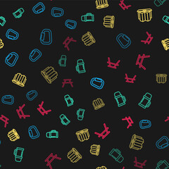 Set line Carabiner, Thermos container, Location of the forest laptop and Picnic table with benches on seamless pattern. Vector