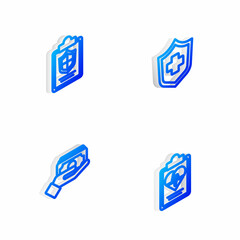 Set Isometric line Health insurance, Document with shield, Stacks paper money cash and icon. Vector