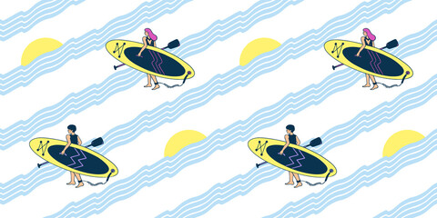 Pattern with a guy and a girl carrying a SUP board and a paddle for surfing on the waves. Modern simple bright flat illustration with sunrise on the sea.