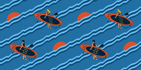 Pattern with a guy and a girl carrying a SUP board and a paddle for surfing on the waves. Modern simple bright flat illustration with sunset on the sea.