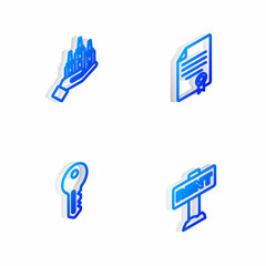 Set Isometric line House contract, Skyscraper, key and Hanging sign with Rent icon. Vector