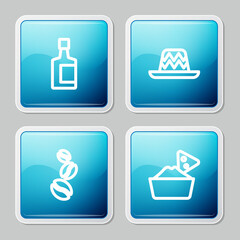 Set line Tequila bottle, Mexican sombrero, Coffee beans and Nachos in bowl icon. Vector