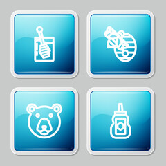 Set line Honey dipper stick, Hive for bees, Bear head and Jar of honey icon. Vector
