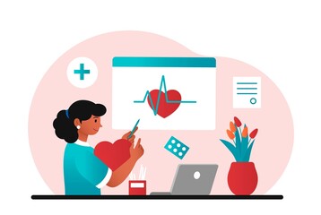 Health care concept. Young woman doctor treats heart disease. Cardiologist or professional therapist restores health of organs of cardiovascular system. Cartoon modern flat vector illustration