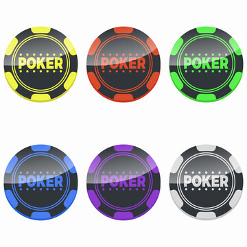 Isolated set of six poker chips. Vector set with colored casino chips.