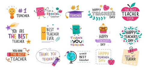 Happy Teachers Day abstract concept. Set of cute greeting cards with pencils, books, globe, light bulb and inscription. Best teacher ever. Cartoon flat vector collection isolated on white background